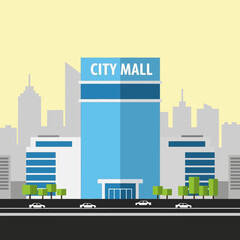 Obraz premium Flat design illustration of a modern city mall building with a prominent sign, surrounded by a city skyline, trees, and cars on a road.