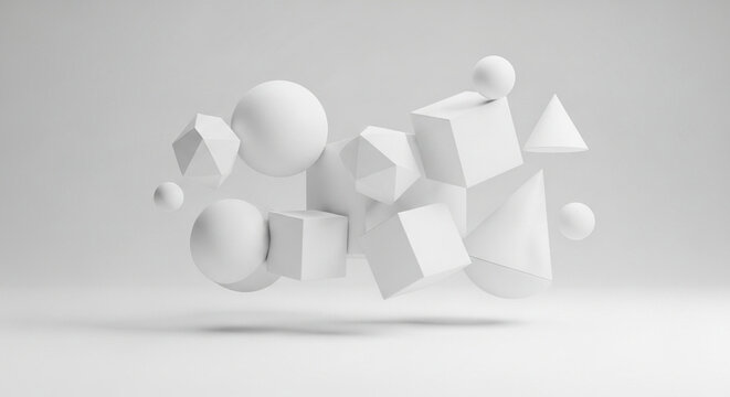 A dynamic arrangement of levitating white solid shapes in a minimalist setting, representing concepts of order, chaos, and balance in digital art