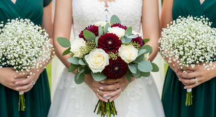 Close-up of a bride holding a floral bouquet with white and burgundy flowers, symbolizing union, love, and commitment, for wedding concepts