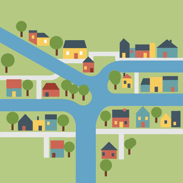 A colorful, minimalist illustration of a suburban neighborhood with houses, roads, and trees along a branching blue river.