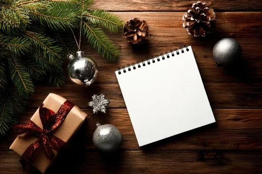 Christmas calendar mockup surrounded by seasonal decorations