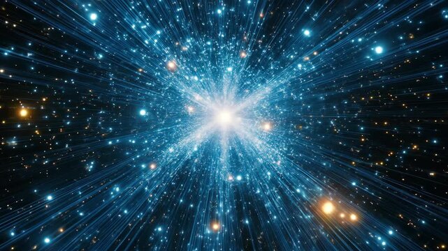 Blue and gold light beams radiating from a central point