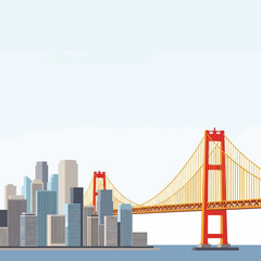 Flat illustration of a modern cityscape with skyscrapers and a large red suspension bridge over water under a clear sky.