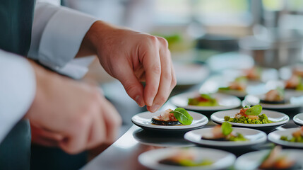 A chef meticulously plates small appetizers with precision, adding finishing touches with delicate hands. Culinary artistry in action, enhancing flavor profiles and visual appeal.
