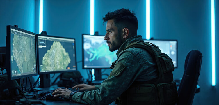 Military man in tactical gear works at command center. He analyzes multiple computer screens showing maps and strategic data. Soldier monitors intelligence ops for security mission control.