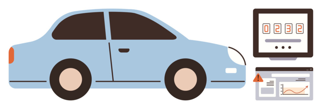 Blue car next to screens showing mileage, warning alert, and analytics. Ideal for auto maintenance, diagnostics, vehicle monitoring, technology, automation data transportation. Simple flat metaphor