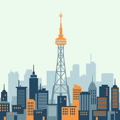Obraz premium A vibrant cityscape illustration featuring a prominent communication tower surrounded by various modern buildings under a pale sky.