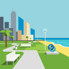 Flat design illustration of a modern city park and beach promenade with skyscrapers, palm trees, benches, and a sculpture by the ocean. © Gilang
