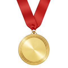 Gold medal with a vibrant red ribbon isolated on a white background, representing first place, victory, and achievement in a competition