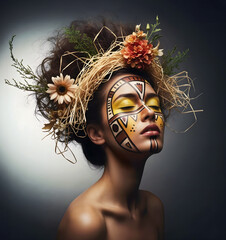 Mode portrait femme en symbiose avec la nature, beauté primitive