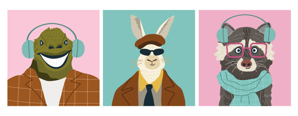 Animals avatars, cute portraits set, hand drawn vector illustration.