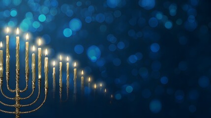 Menorah colorful candles. Hanukkah-themed blue background 