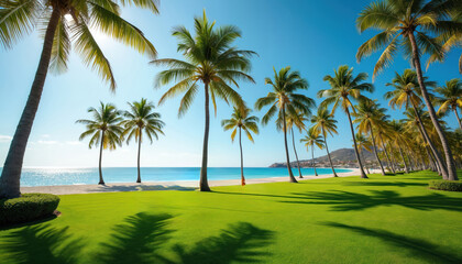 Fototapeta premium Palm trees line a vibrant green lawn leading to a sandy beach and blue ocean under a clear sky. The tropical landscape offers a serene vacation setting. Sunny day on an exotic island.