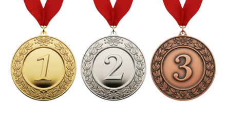 Three prestigious gold, silver, and bronze medals with red ribbons, proudly representing first, second, and third place achievements in a competition or significant event