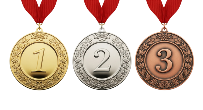 Three prestigious gold, silver, and bronze medals with red ribbons, proudly representing first, second, and third place achievements in a competition or significant event