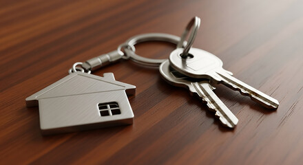 Keys and house shape keychain symbolizing real estate ownership