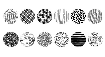 Diverse set of abstract circular patterns, featuring unique hand-drawn textures and line art designs for modern graphic projects and artistic backgrounds
