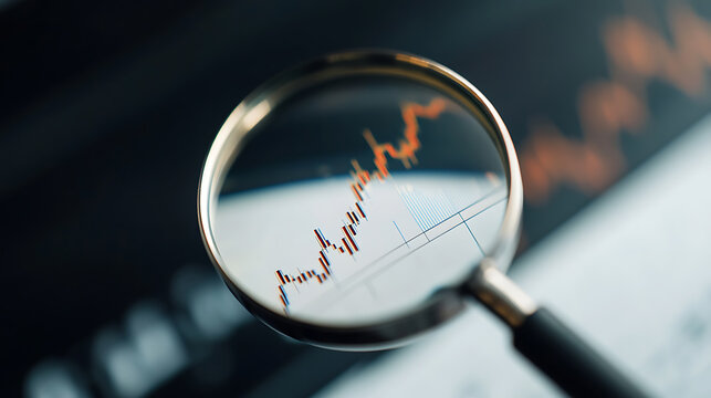 Magnifying glass focuses on an upward-trending financial chart, symbolizing growth and analytical review. Market analysis and investment strategies are highlighted. - Powered by Adobe