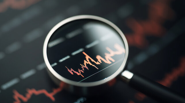 Analyzing financial trends with a magnifying glass on a downward-trending line graph. The close-up shot highlights market volatility. Examination needed. Stay alert!