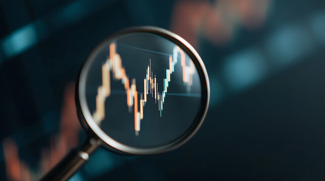 Examining financial trends through a magnifying glass, revealing market analysis and investment strategies. Analyzing stock charts and data for business decisions.