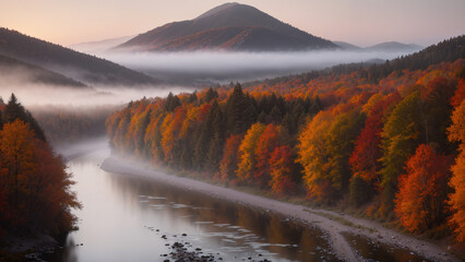 beautiful autumn landscape, misty forest and river and mountains at sunset, yellow trees in fall season