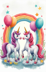 Naklejka premium Two cute unicorns with pink manes stand on clouds under rainbow and balloons. Stars and floral elements surround them. Festive, magical, watercolor style art for kids.