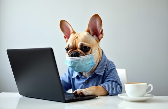 French bulldog wears medical mask works on laptop. Dog wears shirt typing on computer with coffee cup nearby. Business pet works from home during pandemic.