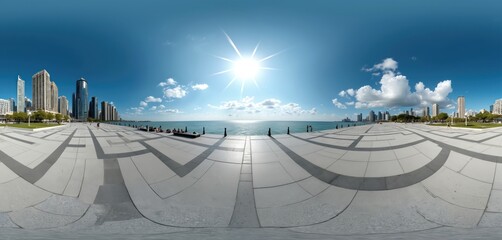 360 panorama shows modern city waterfront. Tall skyscrapers stand by blue sea. Wide paved square with benches offers views of ocean. People relax on sunny day with bright sun and white clouds.