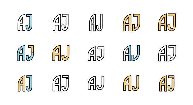 A collection of stylized 'AJ' monograms in various color combinations, including light blue and yellow, set against a stark black background, showcasing a modern and graphic design aesthetic suitable - Powered by Adobe