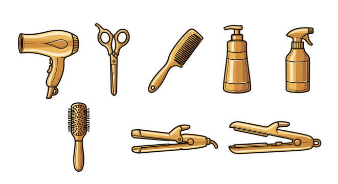 Collection of golden hairdressing tools and accessories, including a hairdryer, scissors, comb, hairbrush, shampoo dispenser, spray bottle, curling iron, and flat iron, isolated on a black