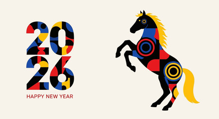 Happy New Year 2026 Geometric Horse and Festive Design for Celebrations and Greetings