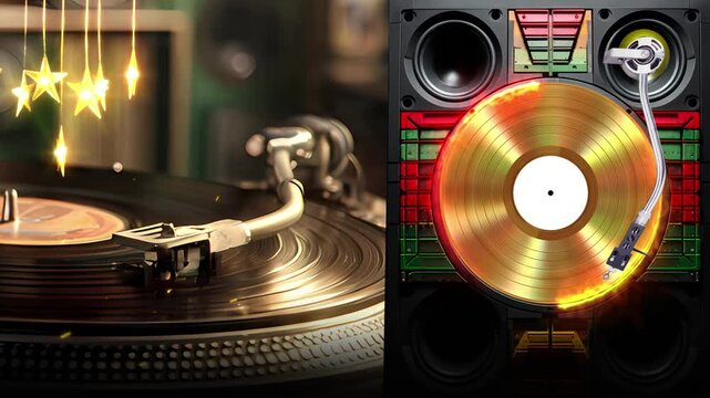 Reggae Radiola DJ Setup, Colorful Lights and Vinyl Record Mood