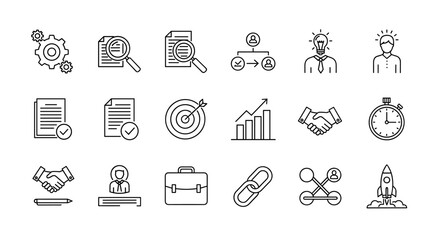 Collection of business and finance icons in a clean, modern outline style, perfect for presentations, websites, and infographics, symbolizing growth, strategy, teamwork, and success in the corporate