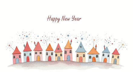 Charming watercolor village scene celebrating the arrival of the new year with sparkling fireworks and colorful streamers over quaint houses on a clear night