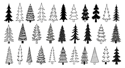 Obraz premium Diverse collection of hand-drawn evergreen tree vector illustrations, perfect for festive winter holiday graphics, seasonal designs, nature themes, and creative projects