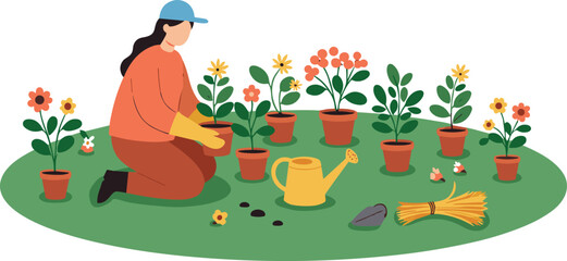Gardening vector illustration, person planting flowers with tools and accessories, outdoor scene with potted plants, white background for nature and hobby concepts