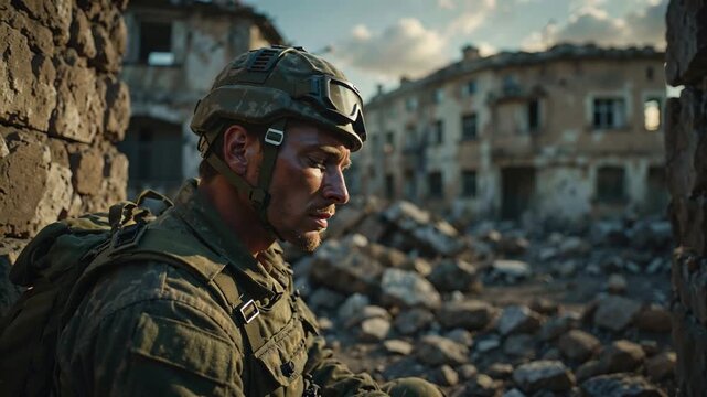 Soldier Resting in Ruins at Sunset During Military Operations