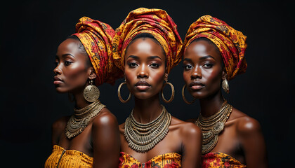 Fototapeta premium Three beautiful african woman stand together on black backdrop. Models wear traditional dress, headwrap, jewelry. Represent cultural heritage, diversity, unity in ethnicity, female beauty. Concept of