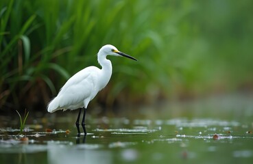 Obraz premium White egret bird stands in shallow water, calmly searching for food in wetland marsh pond. Beautiful heron long black legs, distinctive yellow eye. Green plants in soft background, creating peaceful