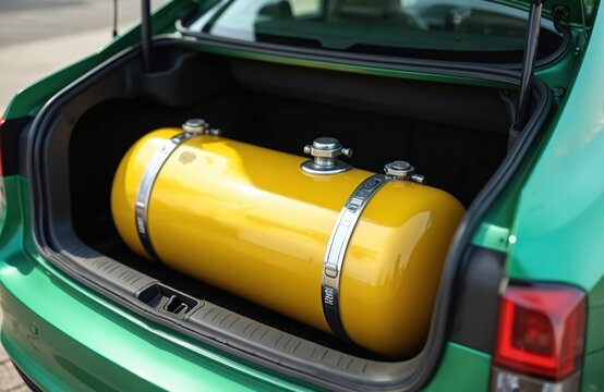 Car with yellow compressed natural gas cylinder installed in trunk. Vehicle equipped with GNV system for eco fuel. Sustainable automobile runs on methane power, alternative energy source to reduce