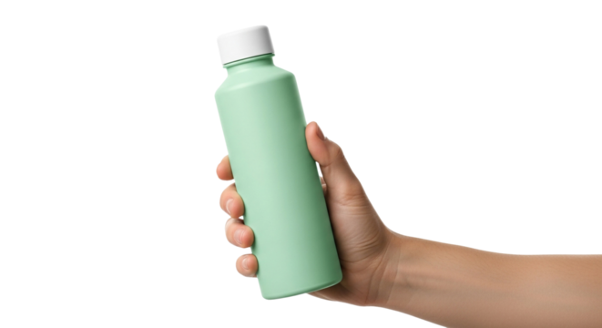 Woman's hand holding a stylish light green reusable water bottle, promoting a zero waste and healthy lifestyle against a clean white backdrop