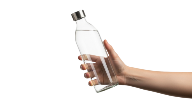 Hand holding a clear glass water bottle against a white background - Powered by Adobe