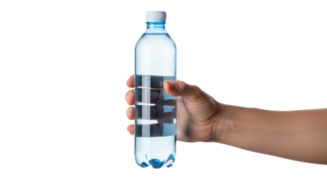 Close-up of a person's hand holding a clear plastic bottle of fresh, pure drinking water isolated on a clean white background