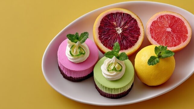 Plate of desserts with a lime and lemon on it