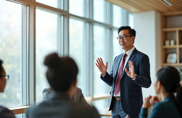 Asian businessman leads team meeting, speaking animatedly to colleagues. Diverse group listens attentively in modern office, discussing strategy. Positive interaction.