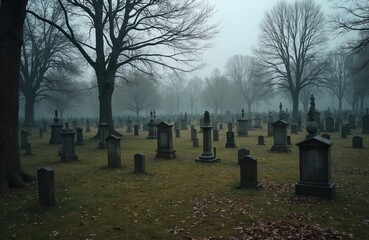 Misty, overcast day settles over old cemetery filled with tombstones, bare trees. Rows of weathered headstones stand silently on overgrown grass. Solemn atmosphere suggests place of quiet
