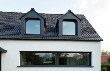 Modern house facade features dark dormer windows on a tiled roof. The building exhibits contemporary architecture design with a white wall. Exterior view showcases home construction details.