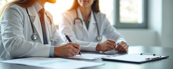 Two female doctors sit at desk. pro writes on clipboard, pen in hand. Another medic observes. Consult about patient health data, medical records in bright clinic office during important work. Team