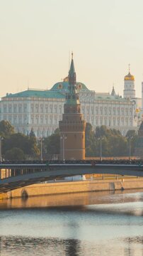 Hyper lapse. Moscow Kremlin and morning sun. View from the Patriarshy Bridge, Russia