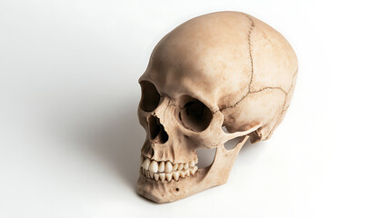 Obraz premium Anatomical Skull: A human skull casts a subtle shadow on a pristine white surface, its intricate bone structure starkly detailed. Symbol of mortality and intrigue.